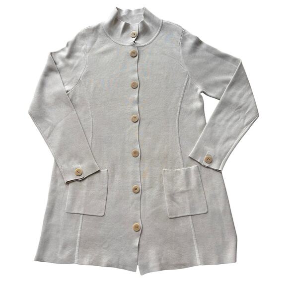 Eileen Fisher Silk Cotton Long Button Front Stand Collar Cardigan Large Bone Tan - Picture 1 of 7
